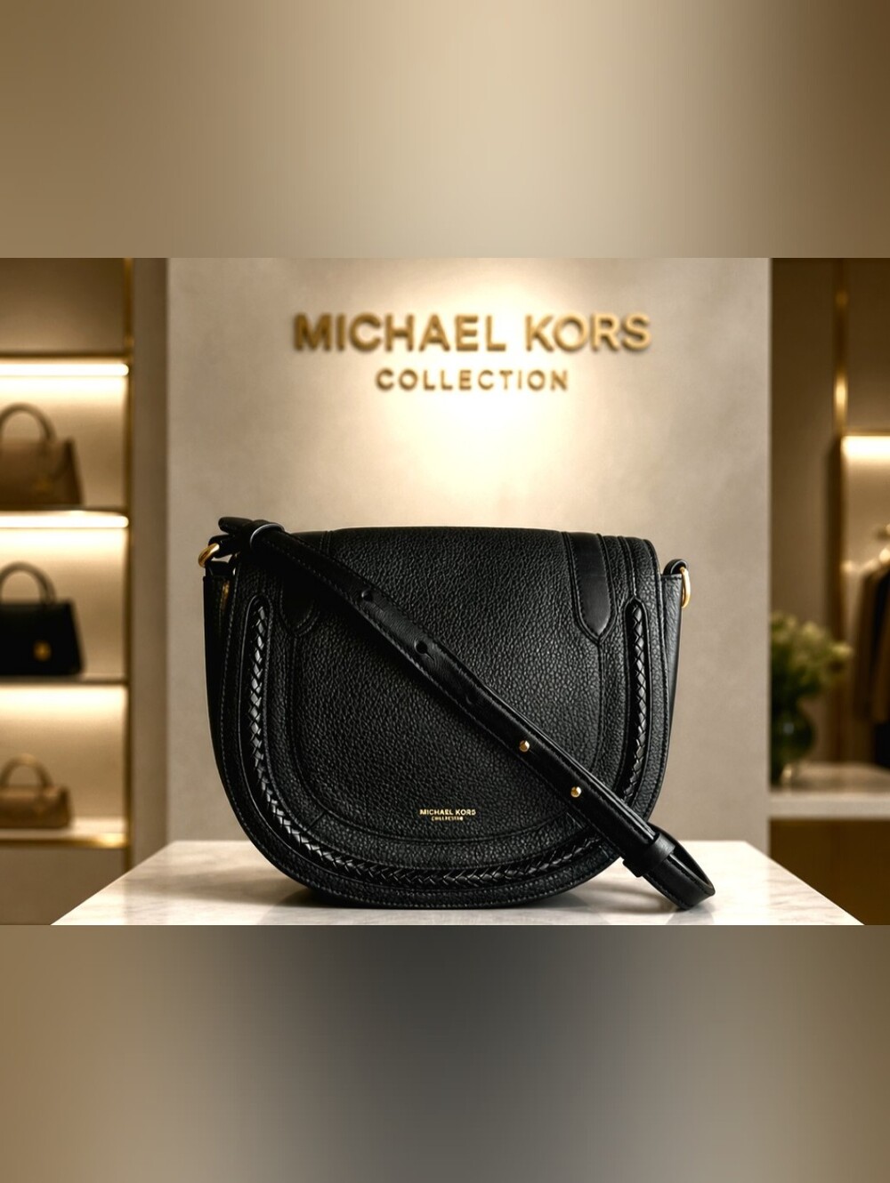 Michael Kors Collection Skorpios Black Leather Crossbody Saddle Bag W/ COA